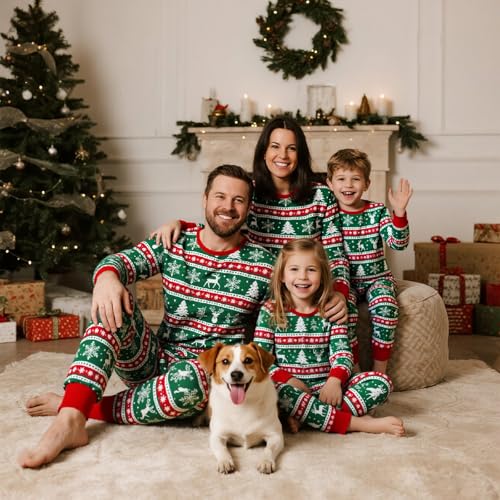 Feionusin Family Christmas Pajamas Matching Sets, Xmas Pjs Sets Holiday Sleepwear Matching Pajamas Long Sleeve Nightwear Set（Large, for Men, 01-Green/Reindeer