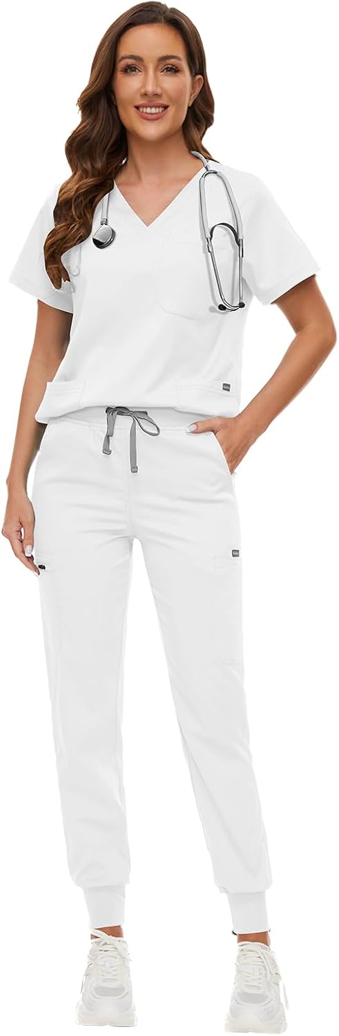 VIAOLI Women's V-Neck Scrub Set with 8 Pocket Yoga Waistband Jogger Pants - Nurse Uniforms