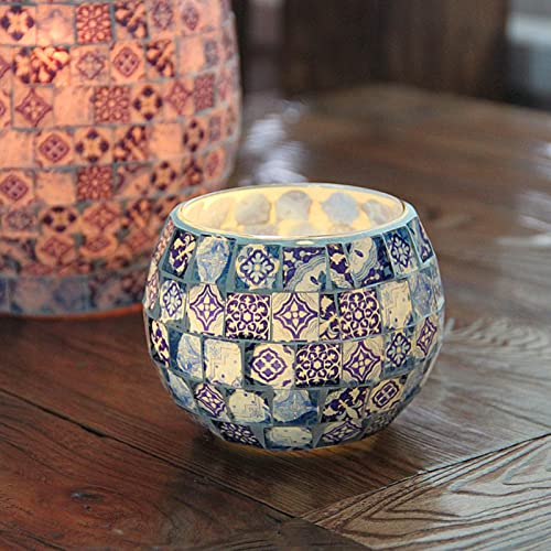 MISNOde Portavelas Tealight Portavelas Perfumado Portavelas de Mosaico de Vidrio Portavelas de Mosaico de Vidrio Azul Y Blanco Patrones Florales Cálido Romántico Textura Artesanal Portavelas Votivas