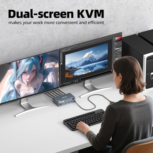 Image of Displayport KVM Switch 2 Computers 2 Monitors, 8K@60Hz /4K@240Hz Dual Monitor KVM Switch for 2 PCs Share 2 Monitors, with 4 USB3.0 Ports, USB Cables and Power Adapter,Grey 12cm DP KVM