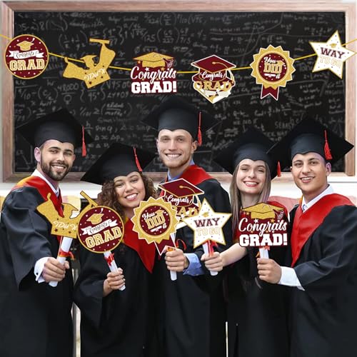 Image of 2026 Graduation Party Decorations - 24 Pcs Class of 2026 Congrats Grad Table Centerpieces Graduation Table Decorations Sticks Table Toppers for Graduation Party (Maroon Gold)