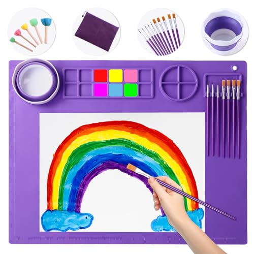 DIYDEC Silicone Art Mat 20x16 Inch - Large Silicone Painting Mat with Detachable Cup 10 Painting Brushes 5 Sponge Brushes - Kids & Adult DIY Accessories (Purple)