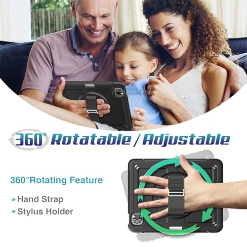 SEYMAC stock Case for iPad Pro 11 & Air 4th/5th Generation 10.9 Inch, Shockproof Case with Screen Protector, Rotating Hand Strap/Stand, Shoulder Strap, Wireless Charging Pencil Slot, Black