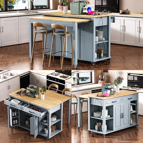 Quarte 47 inch Kitchen Island with Extendable Dining Table, Internal Storage Rack, Power Outlet, Rolling Kitchen Cart on Wheels for Dining Room (Grey+Blue#3) - Thumbnail 3