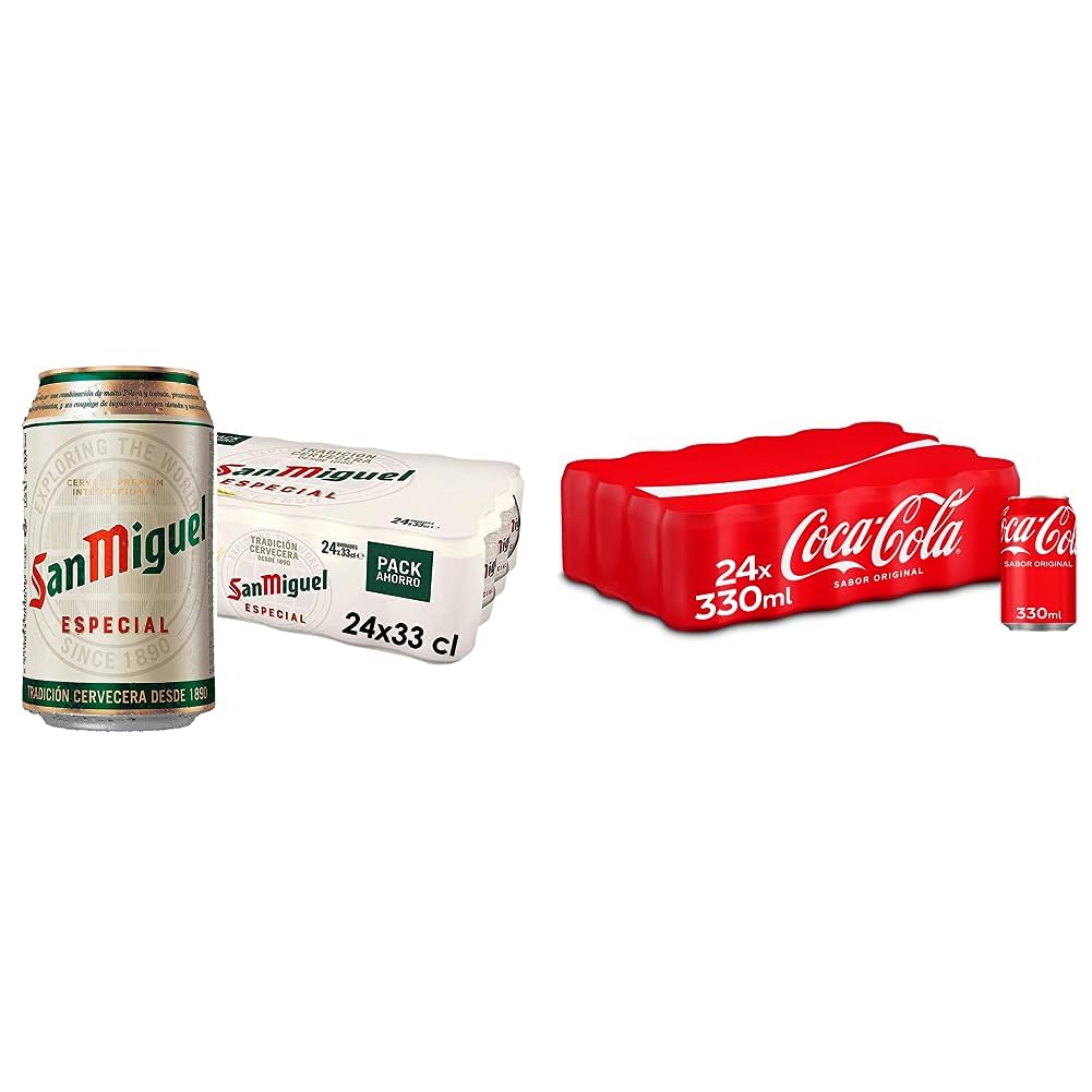 San Miguel Especial Cerveza Premium Lager, Pack de 24 Latas x 33cl, Cerveza San Miguel con 5,4% Volumen de Alcohol & Coca-Cola Sabor Original - Refresco de cola - Pack de 24 latas 330 ml en oferta en Amazon