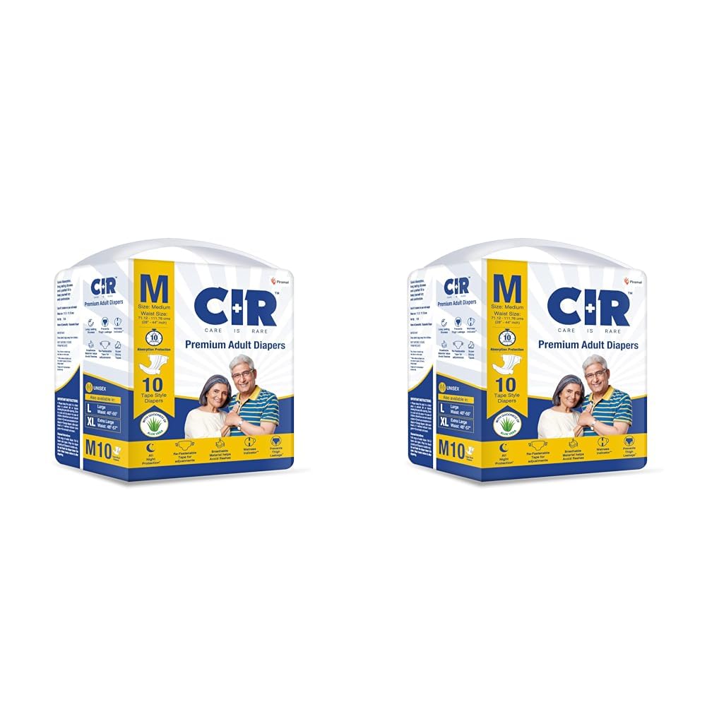 CIR Premium Adult Tape Diapers- All Night Protection with Aloe Vera, Medium (Waist 28-44 inches)- 10 Units x Pack of 2, unisex