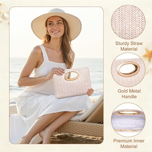 Image of Clutch Purses for Women, Women's Evening Handbags Crossbody Shoulder Handbags, Handle Straw Clutch for Women Summer Clutch Straw Evening Bag