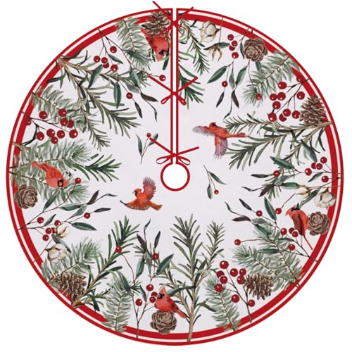 Fzbali Cardinal Pine Needle Christmas Tree Skirt, 48 Inches Lace-up Red Birds Berry Xmas Tree Skirt, Pine Cone Cotton Winter Holiday Party Indoor Decoration Home Decor by fzbali - Used condition - US$6.39