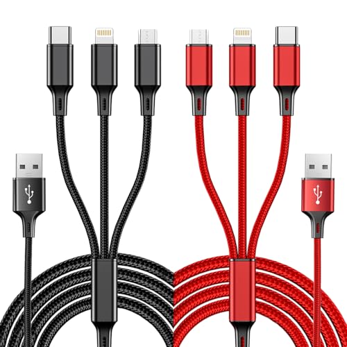 Qi Gxinr Multi Charger Cable 3 in 1 Charging Cables (2 Pack 4.1ft) USB to Micro USB IP Type C Cable Braided Mobile Phone Chargers Cables for iPhone Samsung iPad Xiaomi and more(Black+Red