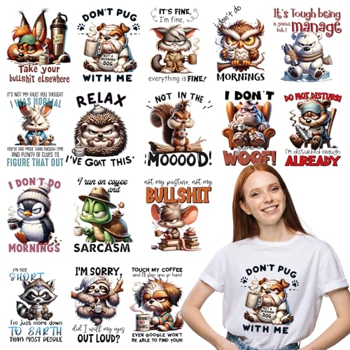 Dazoratix Animals Iron on Patches - 16 PCs Cute Angry Animal Heat Transfers Stickers Cartoon Ready to Press Decals for Women T-Shirts DIY Crafts Appliques Hat Jeans Pillow Patches Clothing Decorations