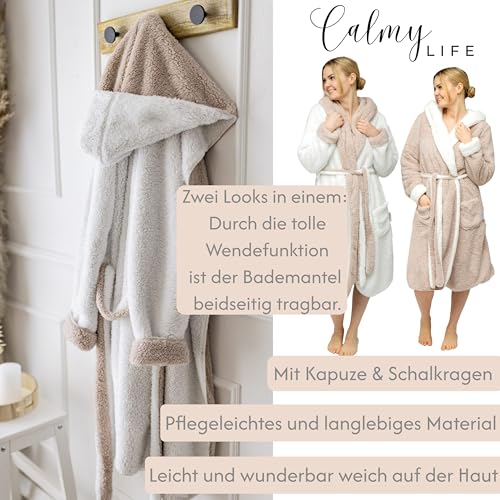 CalmyLIFE Bademantel Damen flauschig Morgenmantel - mit Wendefunktion kuschelige Bademäntel mit Kapuze Kuschelbademantel (M, Taupe/Natur)
