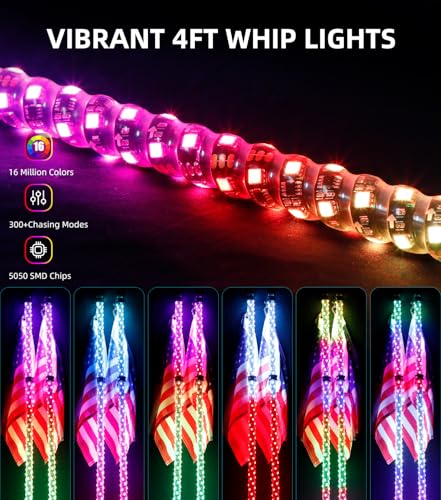 Image of ZIMABLUE 2PC 4FT Whip Lights for Side by Side, App & Remote Control RGB Chasing Lighted Whips with 3 Switchs for ATV UTV Dune Buggy Truck,LED Whips Compatible with Polaris RZR Can-Am Maverick X3