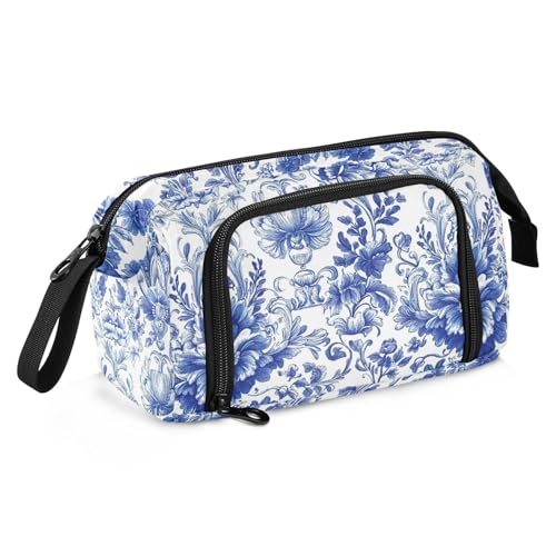 Image of Big Capacity Pencil Pen Case for Adults, Blue Flowers Pencil Bags Portable Makeup Bag Stationery Storage for College Office