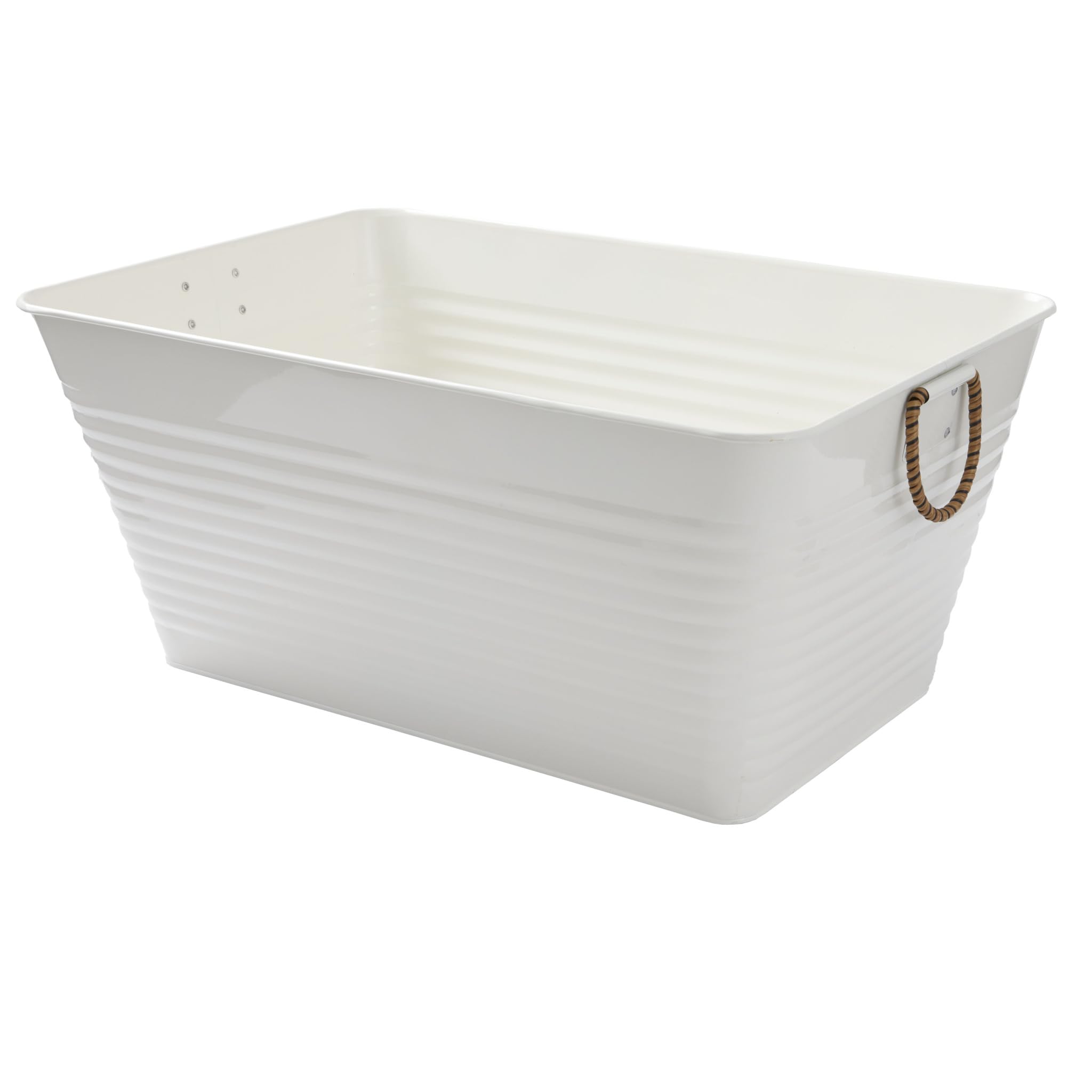 Vanilla white galvanized large rectangular bathtub, plastic rattan handle, rust-proof, 22.06 inches long x 15.06 inches wide., CWH-0428-04