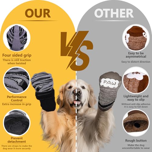 OYIWINMI 4 Stück Pfotenschutz Hund Robuste Anti,Schützende Hundesocken,Anti-Slip Dog Paw Protector Bottom Rubber Sole Dog Boots with Adjustable Straps for Indoor Outdoor Wear (L)