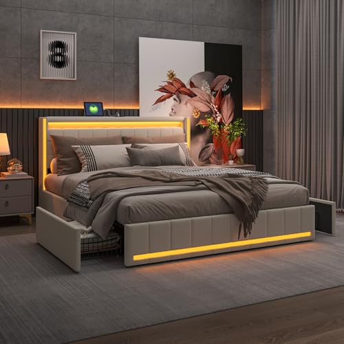 BRILVERDE Cama tapizada 140x200 con almacenaje, con 4 cajones, Cama matrimonial con Toma USB y luz LED, con cabecero y somier de láminas, Lino (Beige, 140 x 200 cm)