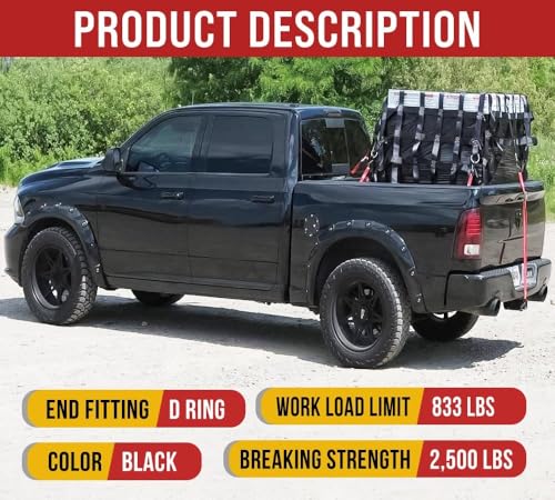 Mytee Products 6' x 8' Heavy Duty Cargo Net for Pickup Truck Bed with D Rings Tie Down Fittings - Durable Truck Bed Cargo Net with 6 Cam Buckle Tie Down Straps for Adjusment