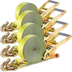 TLGREEN 4-Pack 2 x 27 ft Ratchet Straps, 11,000 lb, Double J Hooks, Yellow | Heavy Duty Tie down Straps with Double J Hooks; Secure Cargo on Trucks, Trailers And Flatbeds during Transport