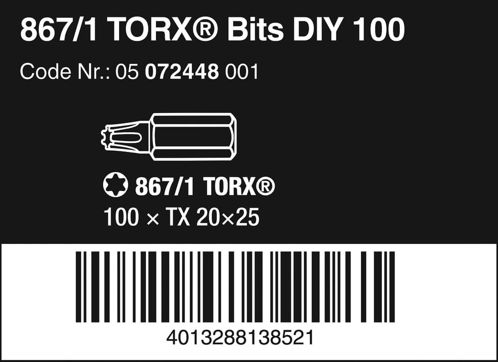 Wera 05072448001 867/1 Puntas TORX® DIY 100, TX 20 x 25 mm, 100 piezas