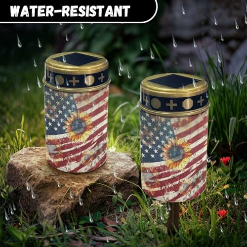 Image of Cemetery Solar Lights for Grave, American Flag Sunflower Pattern Outdoor Solar for Independence Day Decor, Outdoor Garden Lights Waterproof Path Lights for Garden Night Light Outside Decor