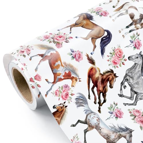WRAPAHOLIC Horse Wrapping Paper Roll - Mini Roll - 17 Inch x 16.5 Feet - Horse and Floral Wrapping Paper for Kentucky Derby Party Horse Racing Birthday
