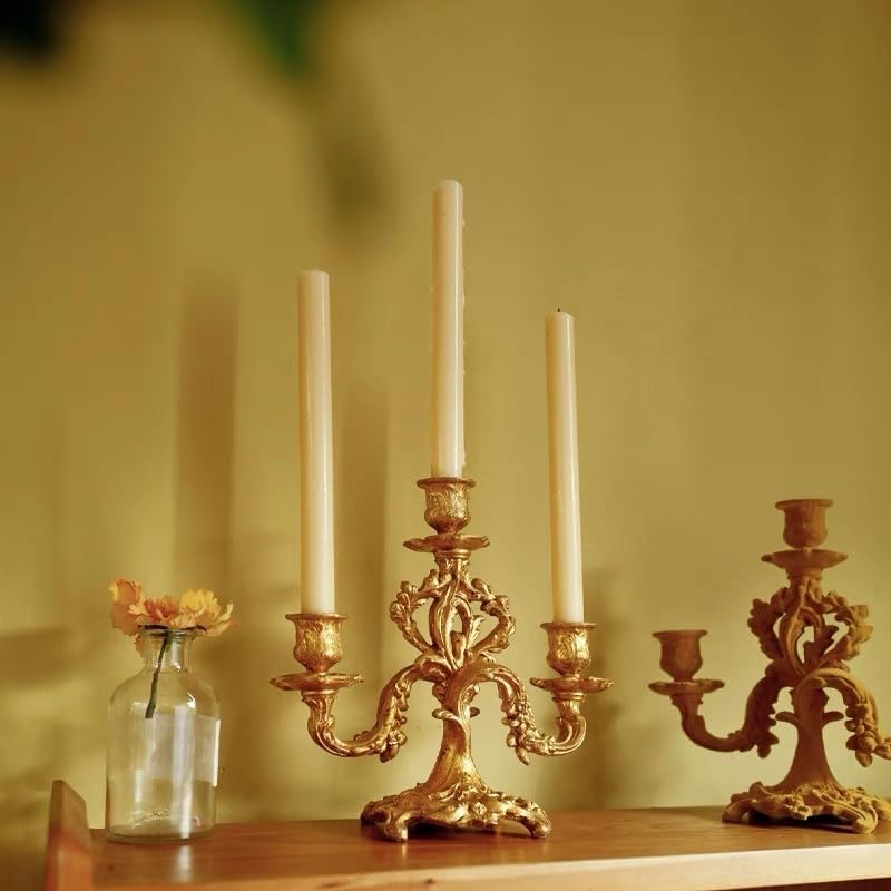 Gold Candelabra 3-Arm Taper Candle Holder with Scrollwork