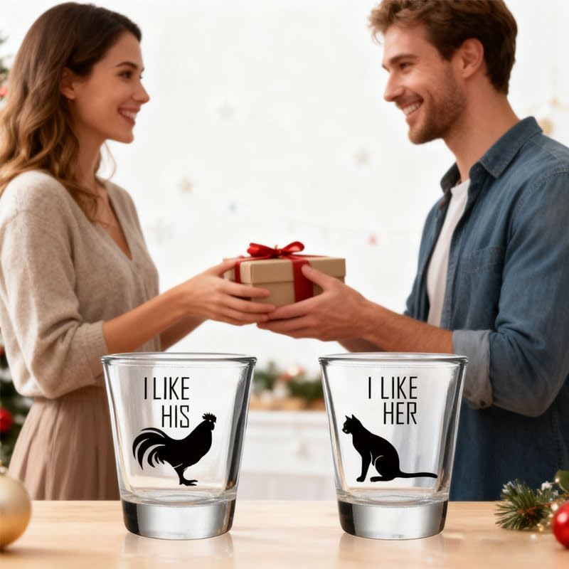 Funny Couples Shot Glasses 2oz Set - Cat & Rooster Design with I Like Her/I Like His, Gag Novelty Gift for Wedding Anniversary Engagement Party Favors