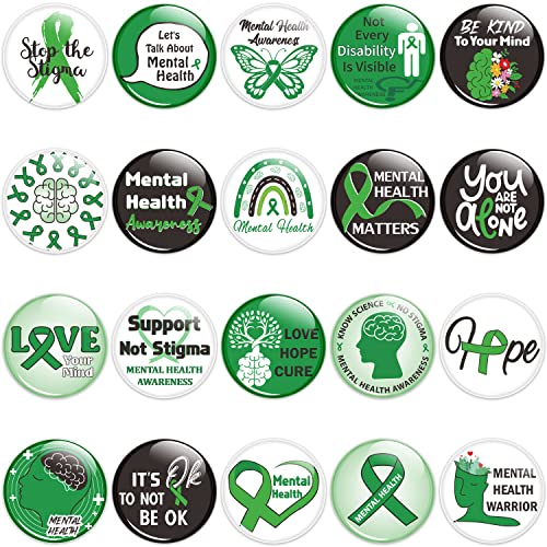 Dvbonike 40Pcs Mental Health Awareness Button Pins - Green Ribbon Round Badges Mental Health Awareness Month Pinback Decoration Party Favor Supplies, Clothing Bag Hat Accessories