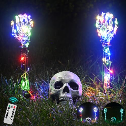 Halloween Lighted Skeleton Set, Skull Arm Stakes with 1 Remote Green Lights (76 LEDs, 8 Light Modes...