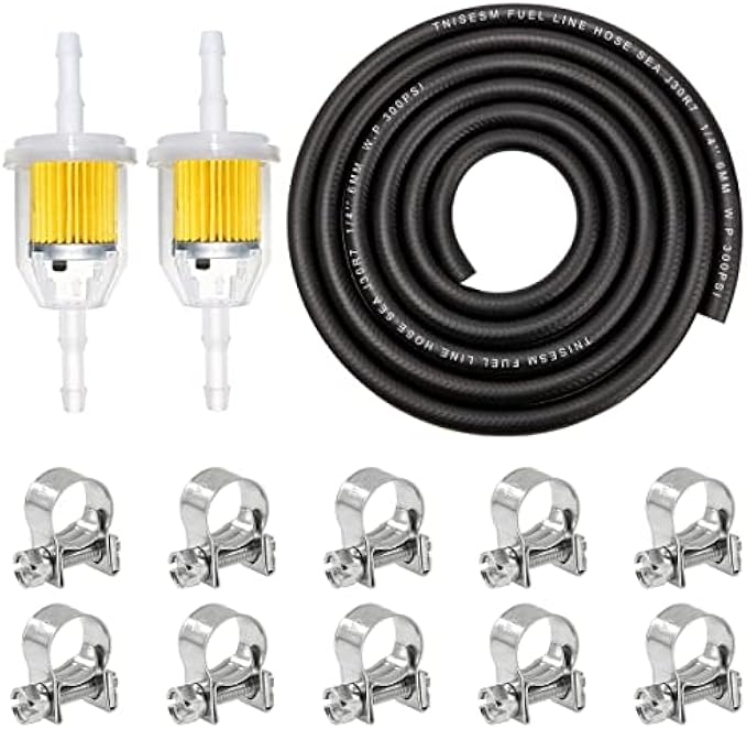 Tnisesm 1/4"(6MM) Inch ID Fuel Line kits, 2 Meter / 6-Foot Fuel Line + 2Pcs 1/4 Inch X 5/16 Inch Gas Inline Fuel Filters with Magnet +10 Pcs 13/32''-15/32'' Mini Fuel Hose Clamps Adjustable