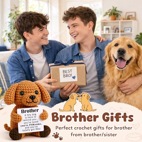 WZHENAINI Funny Brother Gifts from Sister, Brothers Fathers Day Birthday Gifts for Men Big Little Brother in Law Best Friends Mini Small Cute Crochet Dog Stuff Cool Things Home Desk Decor for Bro