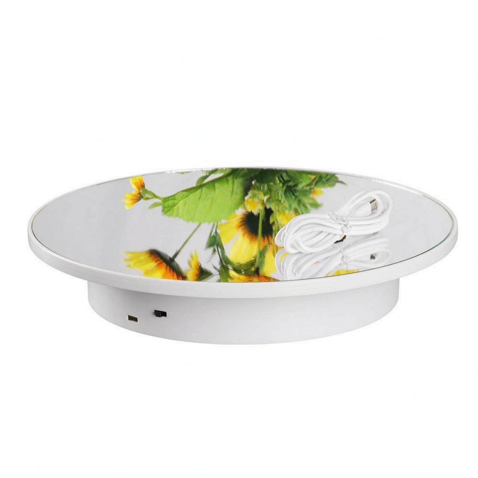 Piattaforma Girevole Elettrica Rotante Turntable Espositore Specchiato Piatto Rotante Motorizzato Top a Specchio Base Bassa Cilindrica 5 Kg USB 5V, Bianco Specchiato, 2668-25cm