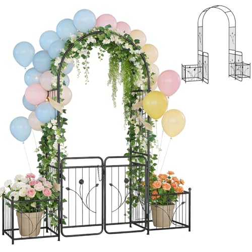 Aufun Arche de jardin avec porte - 220 cm - En métal - Avec treillis et 2 jardinières - Portail de jardin verrouillable - Acier revêtu par pulvérisation - Tuteur...