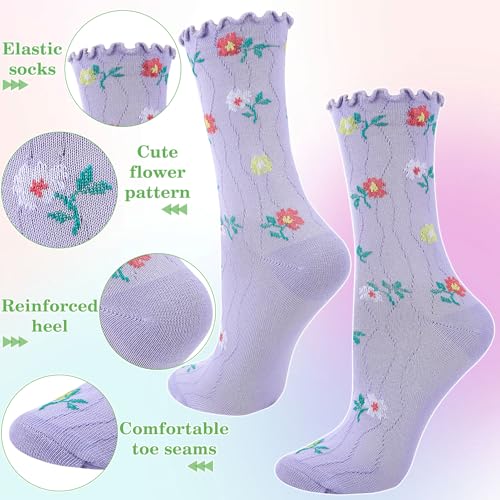 Image of 6 Pairs Women Ruffle Frilly Socks, Cute Floral Ankle Socks for Women Cotton Knit Casual Crew Sock Size 5-9