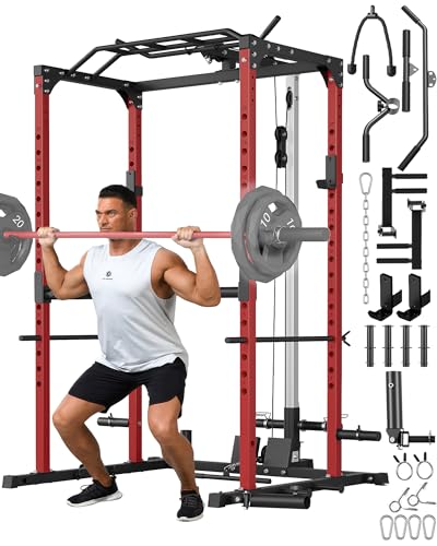 Power Cage, Power Racks for Home Gym with Pulley System, 1200LBS Weight Capacity Multi-Functional Squat Rack for Strength Workout with More Training Attachment (Red D1002)