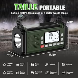 Radio Portable, PRUNUS J-924 Solaire Dynamo 10000mAh, Radio Survie avec Piles et Manivelle, Panneau Solaire, Réveil, Chargeur USB-C, Lampe de Poche et Lecture, Alarme SOS d'urgence