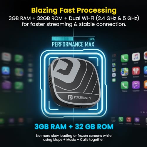 Image of Portronics Tune Plus, 2-in-1 CarPlay & Android Auto Adapter with Inbuilt YouTube, Netflix, Converts Wired to Wireless, 3GB RAM + 32GB ROM, Plug &Play, USB-A & Type-C Compatible, TF Card Slot for Media