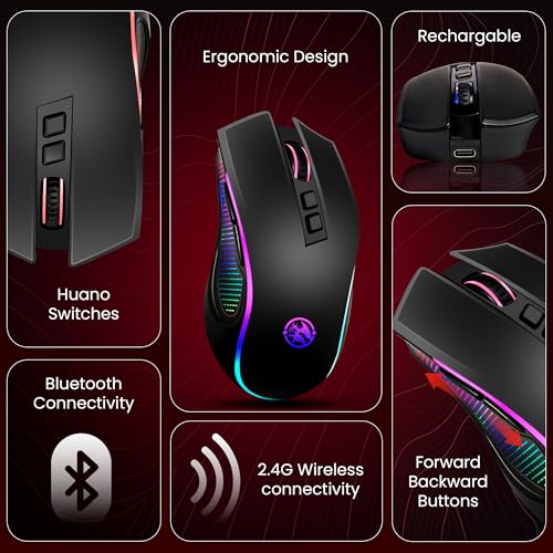 Image of SG-M350 Dual Mode Gaming Mouse 2.4G Wireless and Bluetooth, 7 Programmable Buttons, 4 Level DPI Range, RGB Lights, Huano Switch, 10G Acceleration, 700mAh Rechargeable Battery (Black Matte UV)