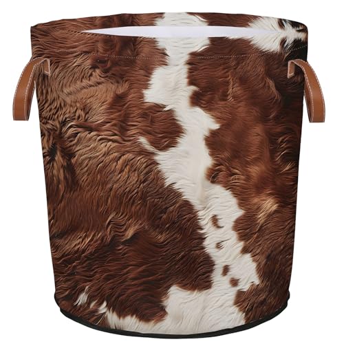 Image of Mozaigos Cow Print Brown Laundry Hamper Waterproof Collapsible Basket With Handles Oxford Cloth Dirty Clothes Tote for Bathroom, Bedroom, Living Room