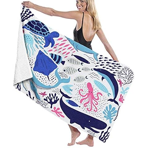 Beach Bath Towel,Hand Drawn Doodle Cartoon Set of Marine Life Objects Sea Life Elements,Lightweight Beach Blanket Absorbent Quick Dry Cool Pool Beach Swim Towels Cover