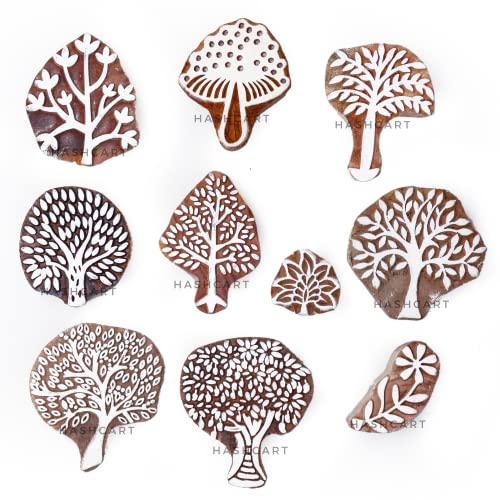 Image of Hashcart | Set of 10 | Wooden Tree Shape Printing Stamps Designer Baren for Blocks Printing | Scrapbooking | Fabric Designing | Project Making | Art Craft | Pottery Craft