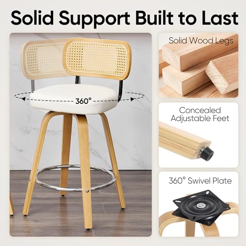 Image of Natural Rattan Bar Stools Set of 2,Upholstered PU Leather, 26'' Counter Height Barstools with Back and Wood Legs,360Swivel,Mid-Century Modern Bar Stool for Kitchen Island Dining Room and Bar(White)