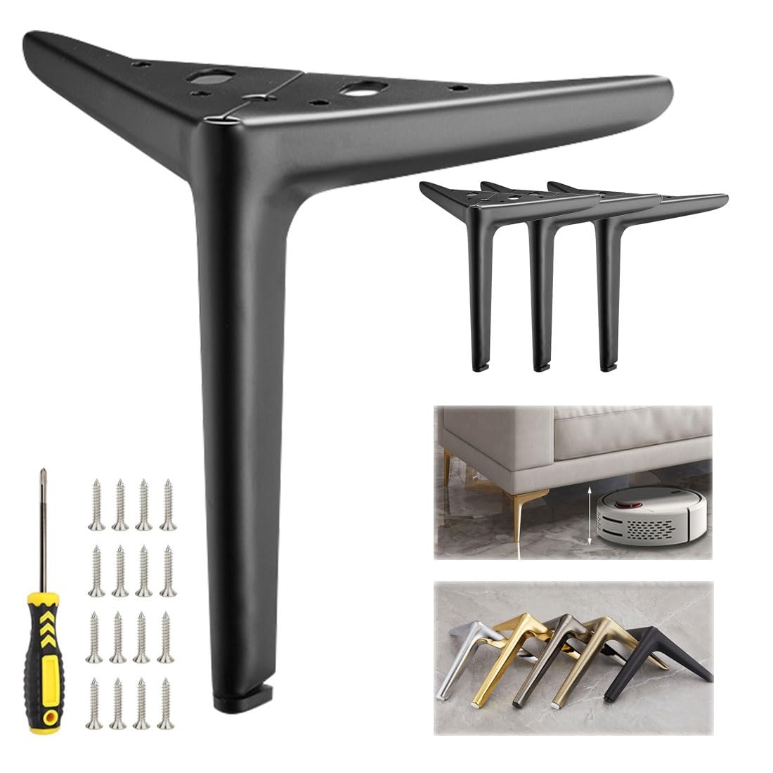 4Pcs Stainless Steel Legs for Furniture Metal Furniture Feet, Modern Style Replacement Sofa Legs Black Gold Silver with Non Slip Rubber Pads 4" 5" 6" 7" 8" 10"(Black,H 8''/20cm)