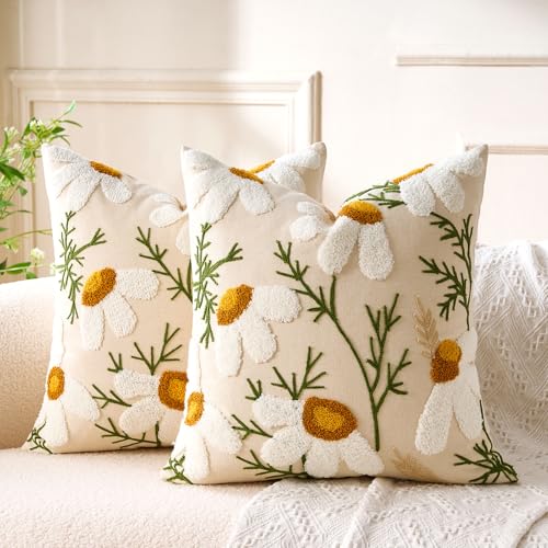 Embroidered Throw Pillow Covers Boho Farmhouse Daisy Tufted Pillow Covers
