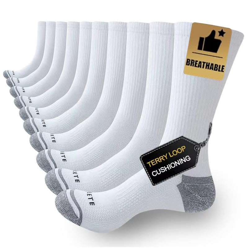 Men's Light Cushion Work Socks 5/10 Pairs, Breathable Crew Socks