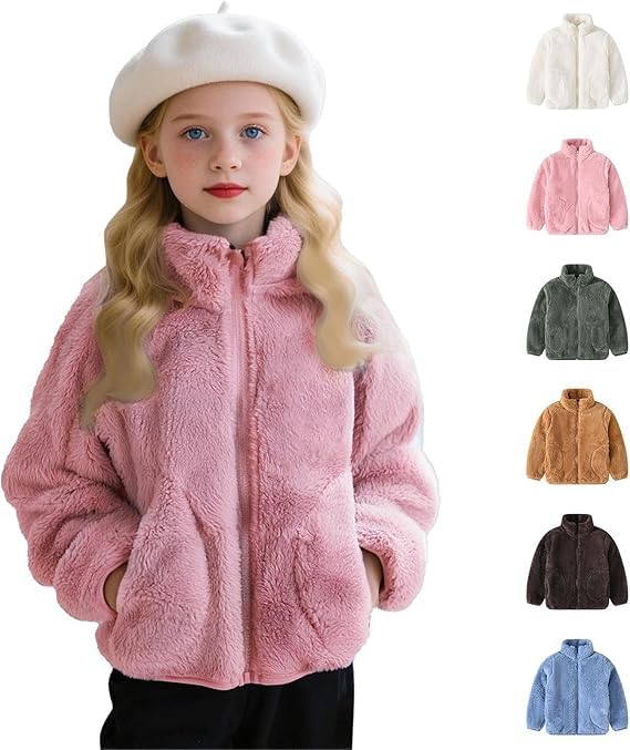 Girls Fleece Jacket 2025 Winter Fall Fashion Stand-Up Collar Zip Up Warm Plush Outwear Casual Cute Tops with Pockets