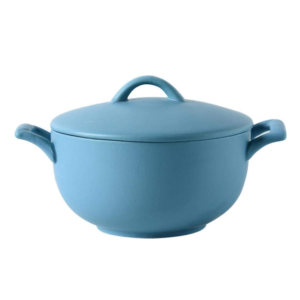 Bol à soupe en céramique de style japonais bleu mat 700 ml avec couvercle et poignée isolante