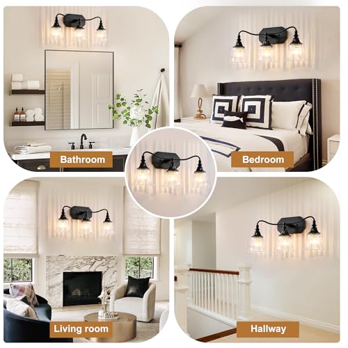 Image of LmnLvn 3-Light Bathroom Vanity Light, Matte Black with Crystal Glass Shade