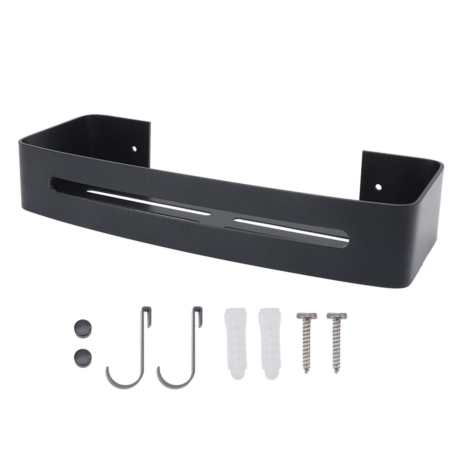 ETiMEWall Mounted Bathroom Shelf Shower Tray Bathroom Shelf Single Space Aluminum Bathroom Floating Wall Shelf with Hooks (Black)