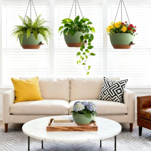 Homeuouz 25cm Selbstbewässernde Hängende Blumenampel 2er-Set – Blumentopf Hängend Innen & Außen, Hängeblumentöpfe mit Drainage für Balkon, Wohnzimmer, Küche,Grün mit Braun